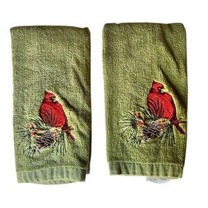 Set Of 2 Green Christmas Hand Towels Red Cardinal Embroidery 17" x 11" Cotton